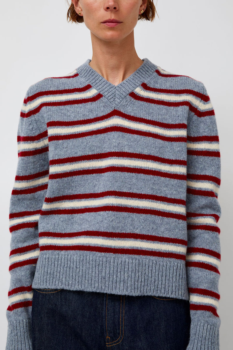 &Daughter Shetland Stripe V-Neck Sweater in Light Blue Stripe