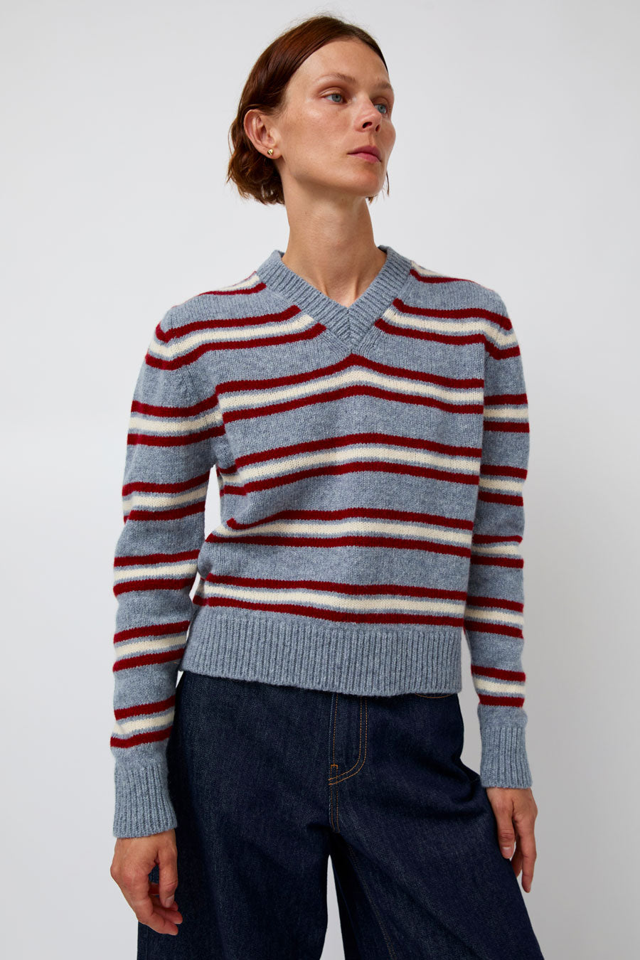 &Daughter Shetland Stripe V-Neck Sweater in Light Blue Stripe