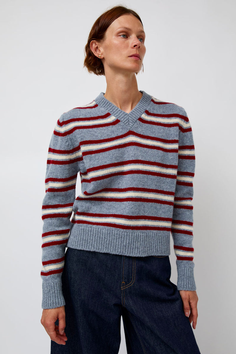 &Daughter Shetland Stripe V-Neck Sweater in Light Blue Stripe