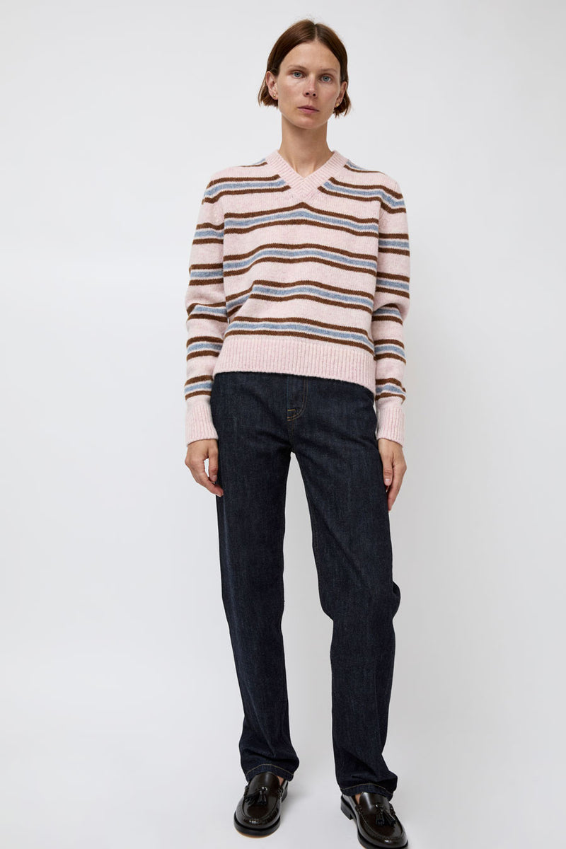 &Daughter Shetland Stripe V-Neck Sweater in Pink Stripe