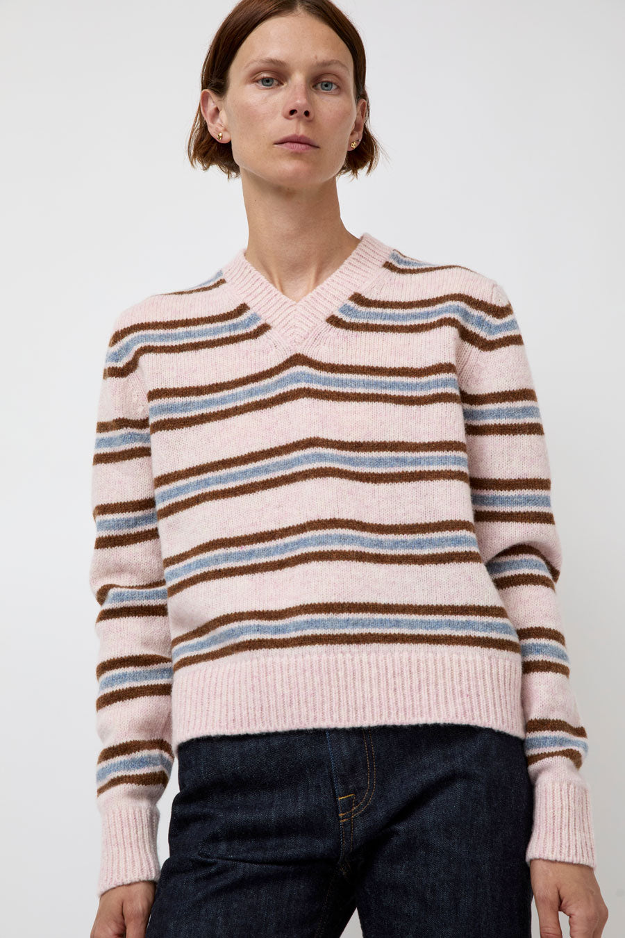 &Daughter Shetland Stripe V-Neck Sweater in Pink Stripe