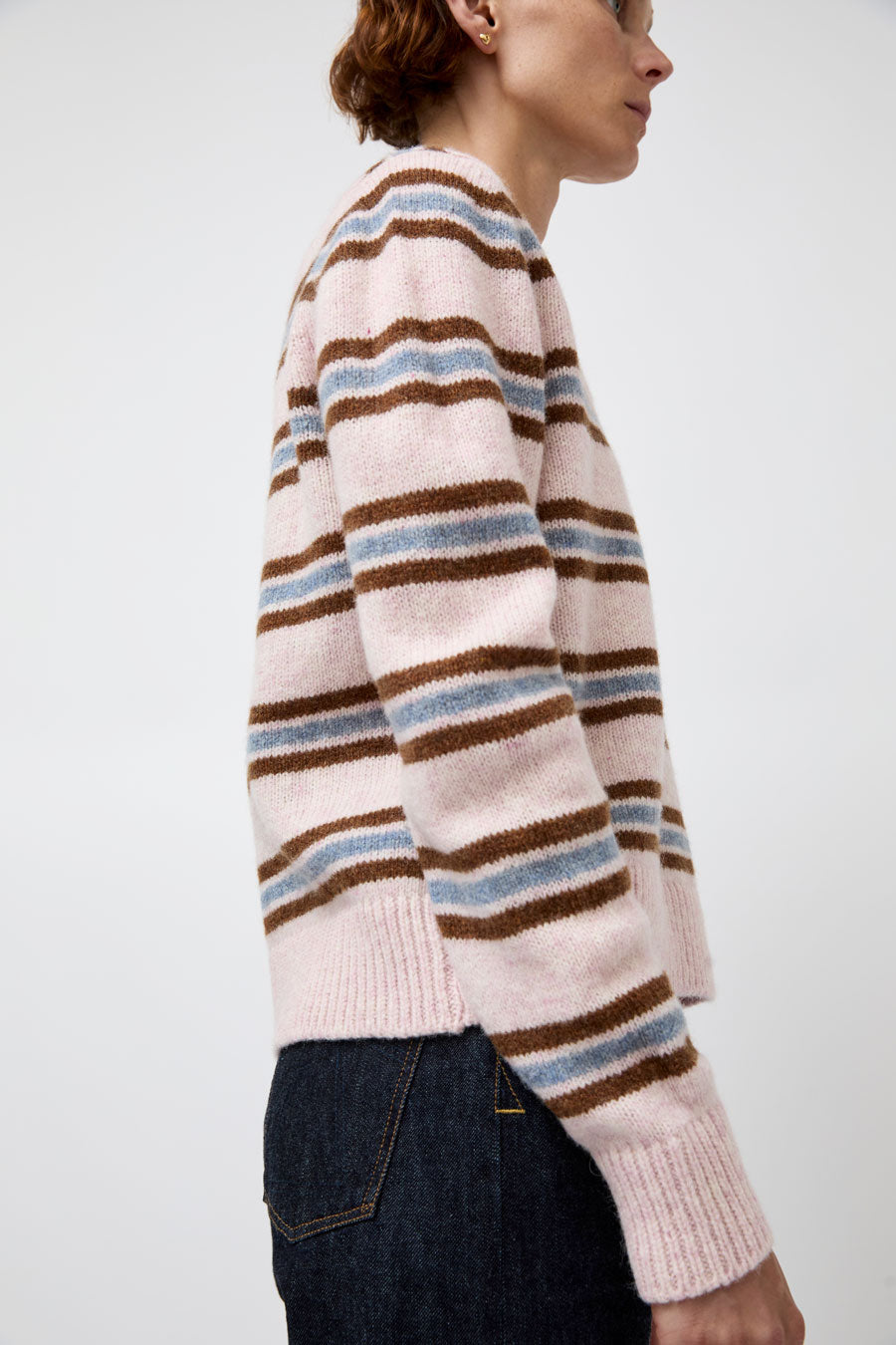 &Daughter Shetland Stripe V-Neck Sweater in Pink Stripe