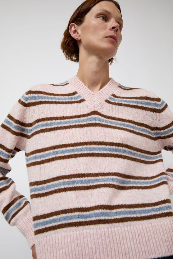 &Daughter Shetland Stripe V-Neck Sweater in Pink Stripe