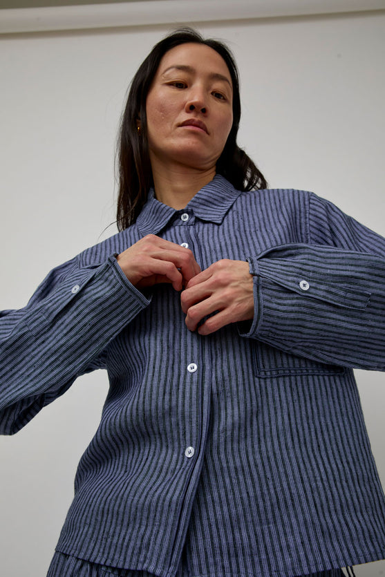Deiji Studios Double Placket Jacket in Azure Stripe – No.6 Store