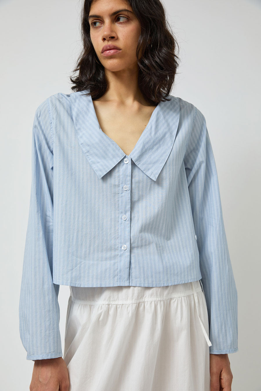 Deiji Studios Waist Button Shirt in Lake Blue Stripe
