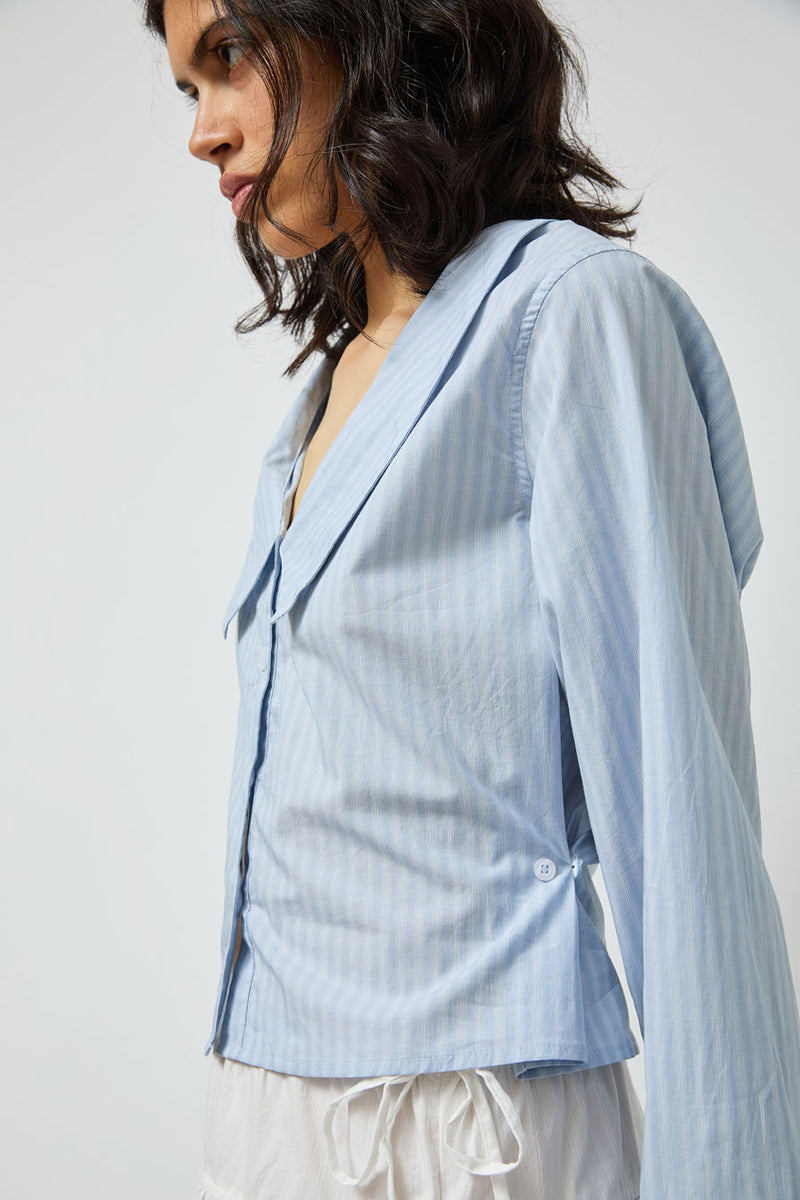 Deiji Studios Waist Button Shirt in Lake Blue Stripe