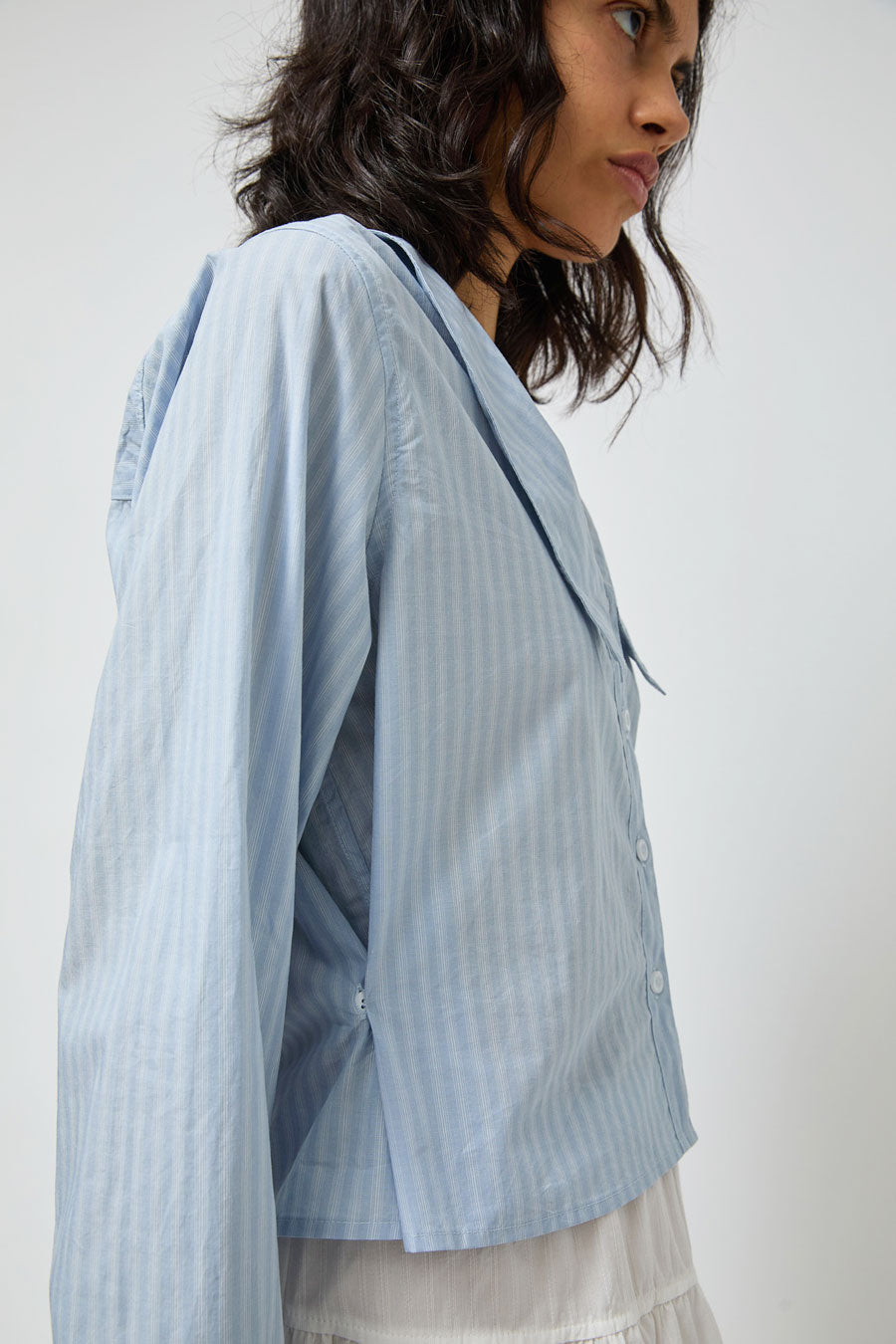 Deiji Studios Waist Button Shirt in Lake Blue Stripe