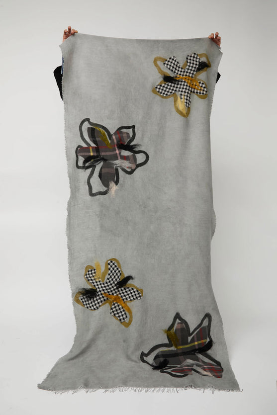 Exquisite J Hand Dyed Scarf with Flowers in Grey