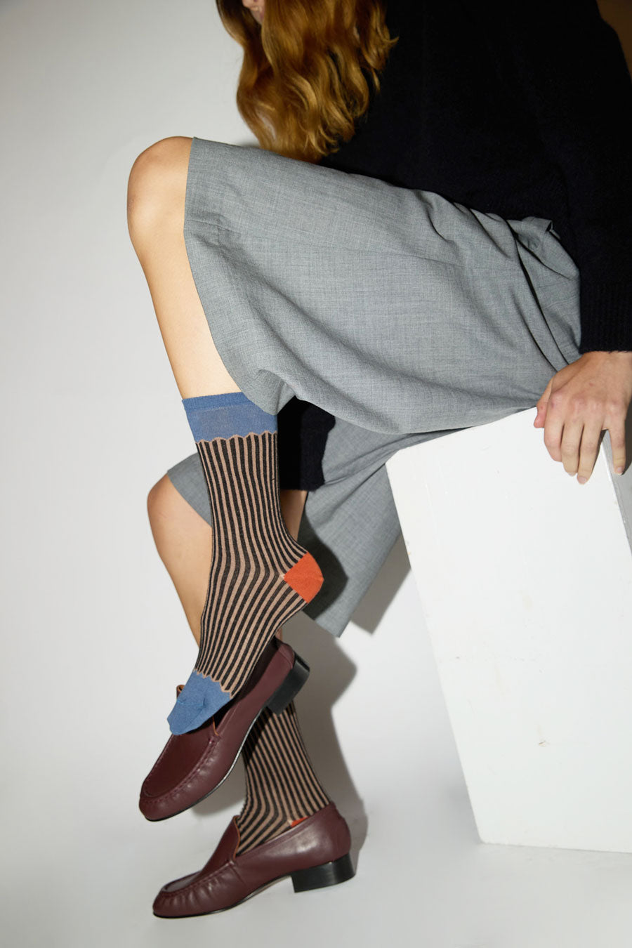 Exquisite J Multicolor Stripe Socks in Blue with Black