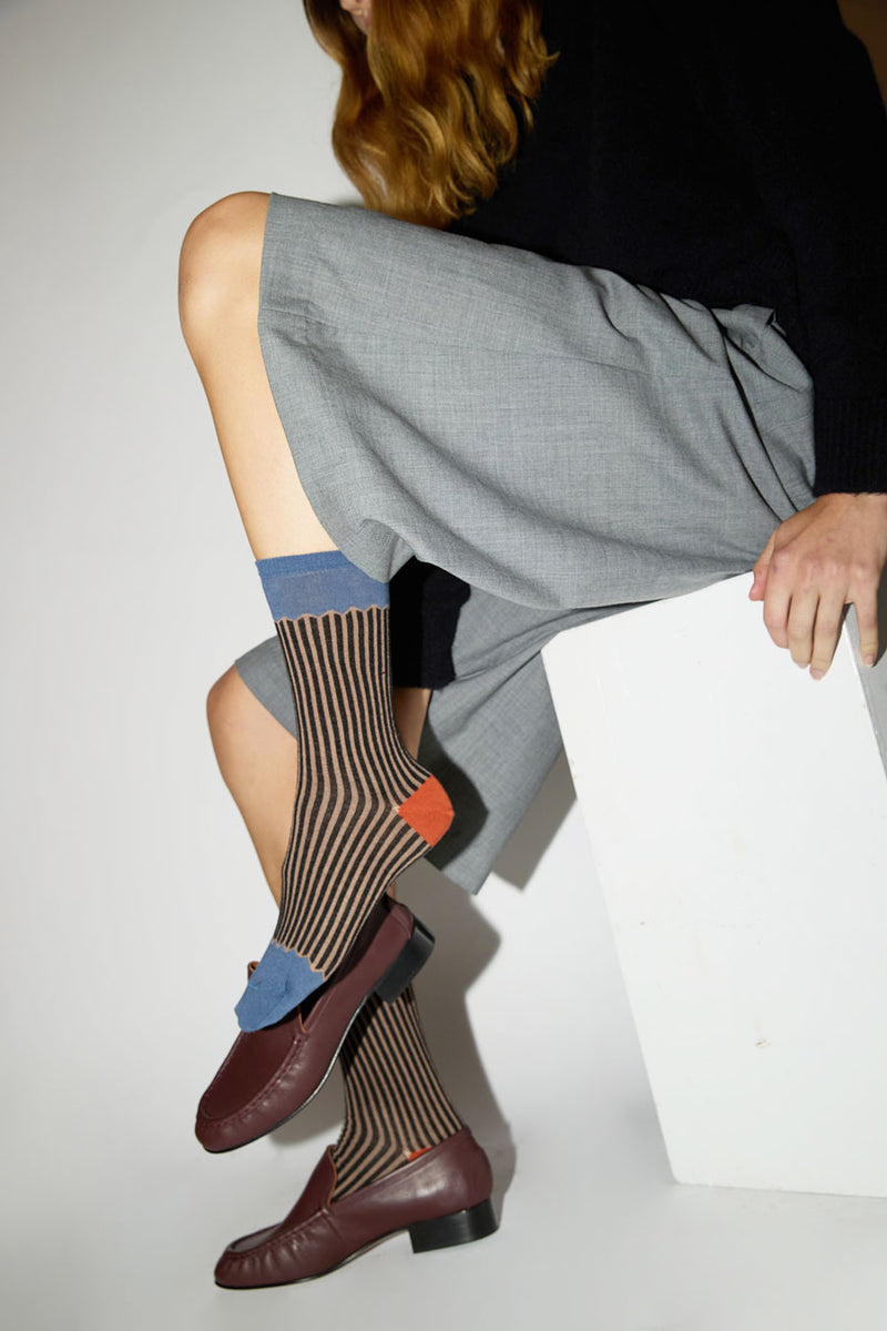 Exquisite J Multicolor Stripe Socks in Blue with Black