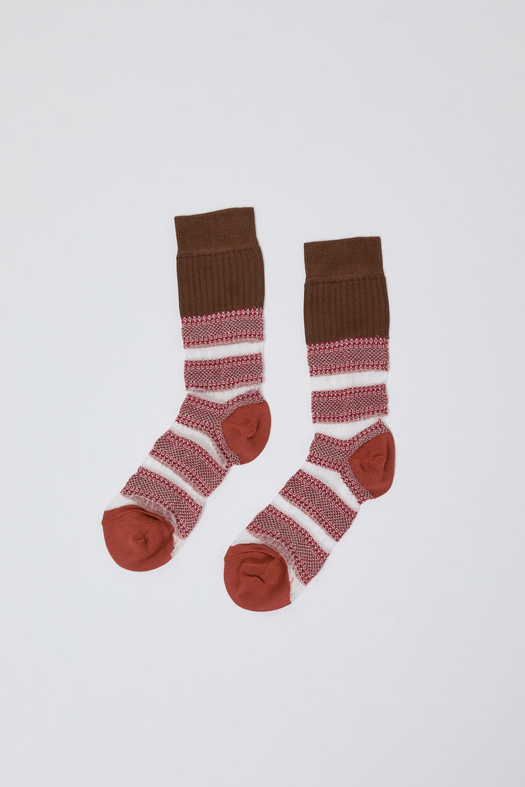 Exquisite J Open Work Stripe Socks in Rust