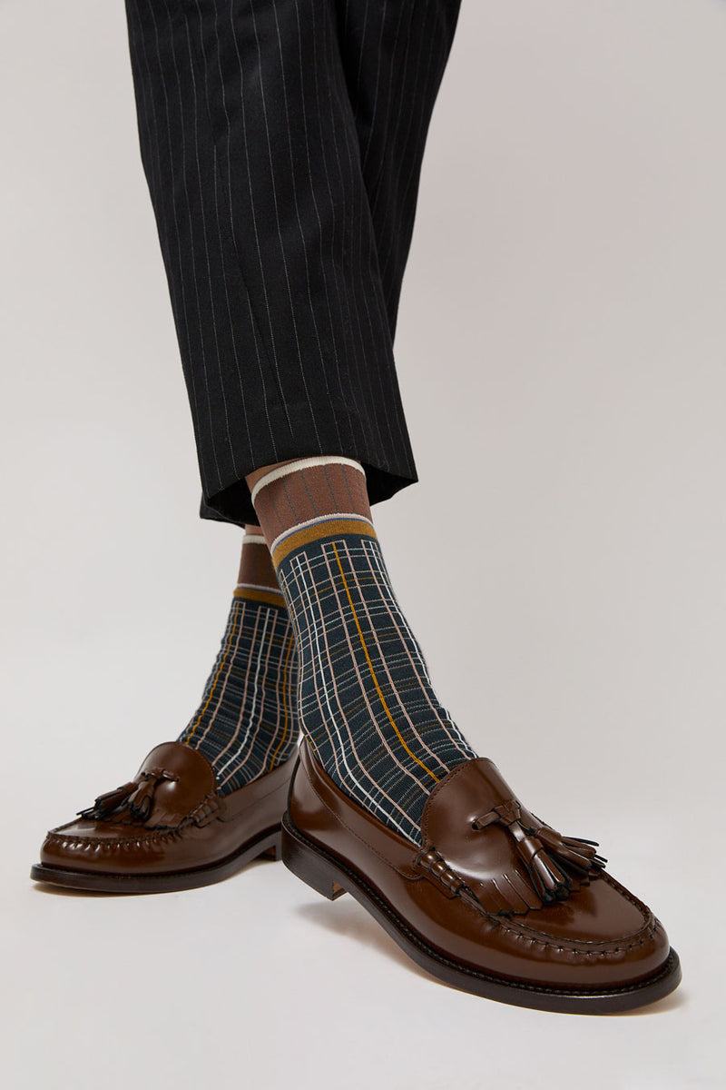 Exquisite J Plaid Socks in Navy