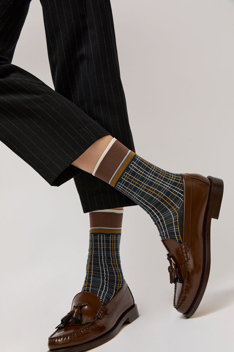 Exquisite J Plaid Socks in Navy