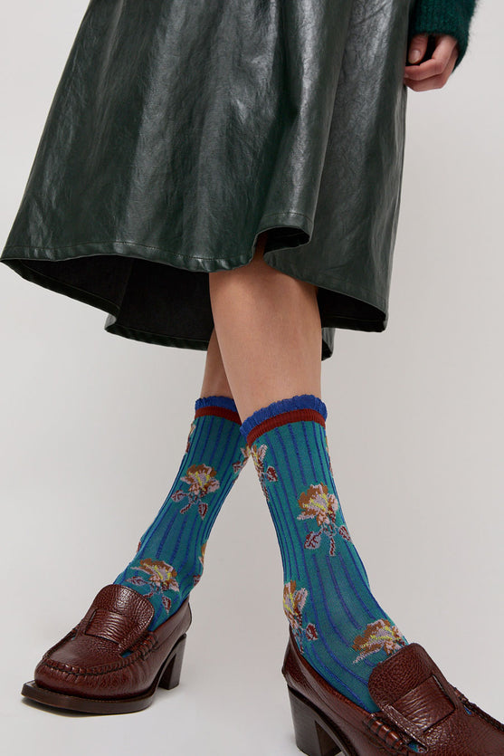 Exquisite J Short Flower Socks in Blue