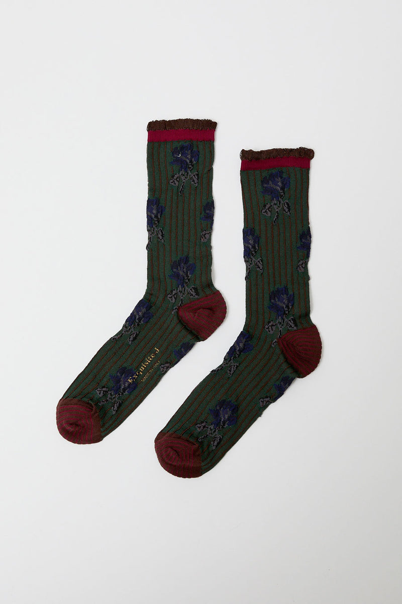 Exquisite J Short Flower Socks in Olive