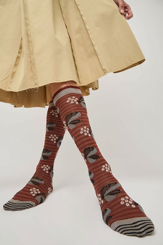 Exquisite J Tall Berries and Flower Socks in Rust