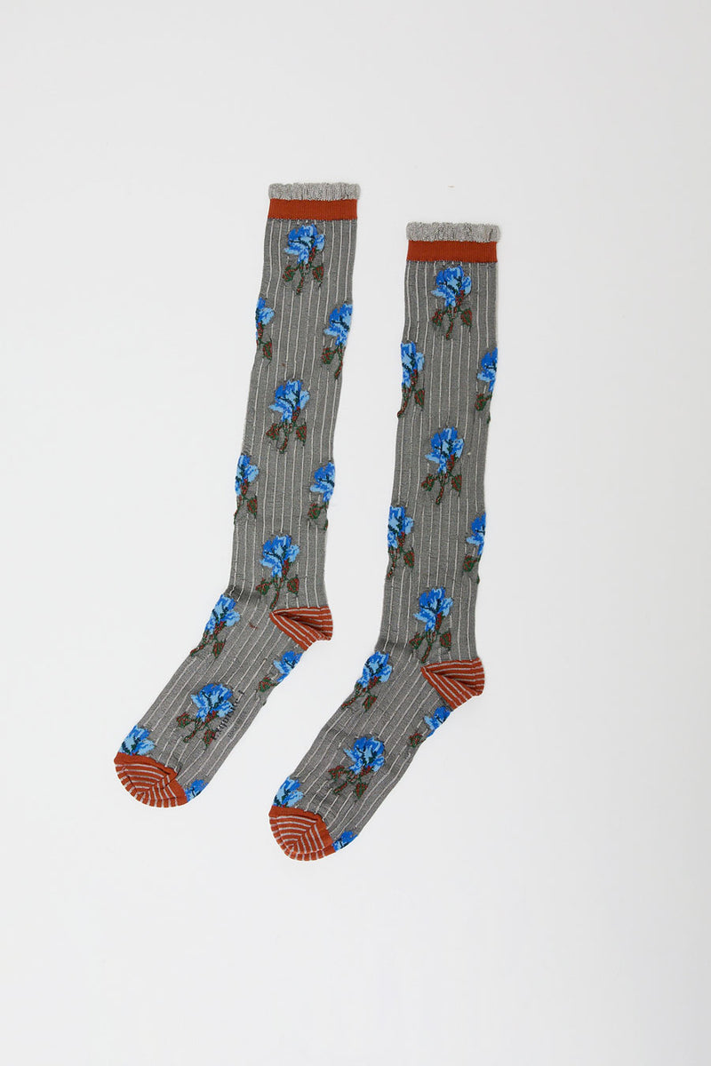 Exquisite J Tall Flower Socks in Blue Flowers