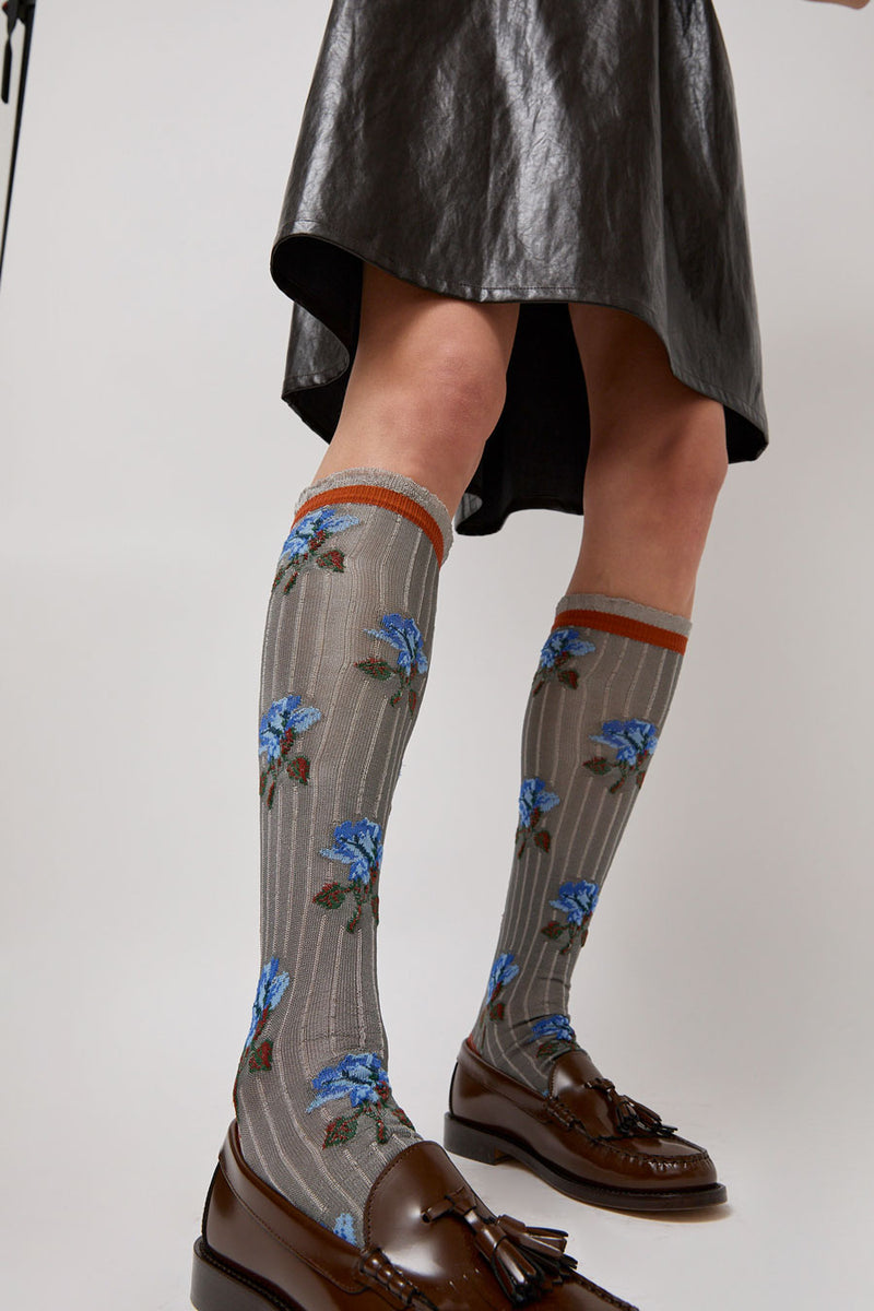 Exquisite J Tall Flower Socks in Blue Flowers