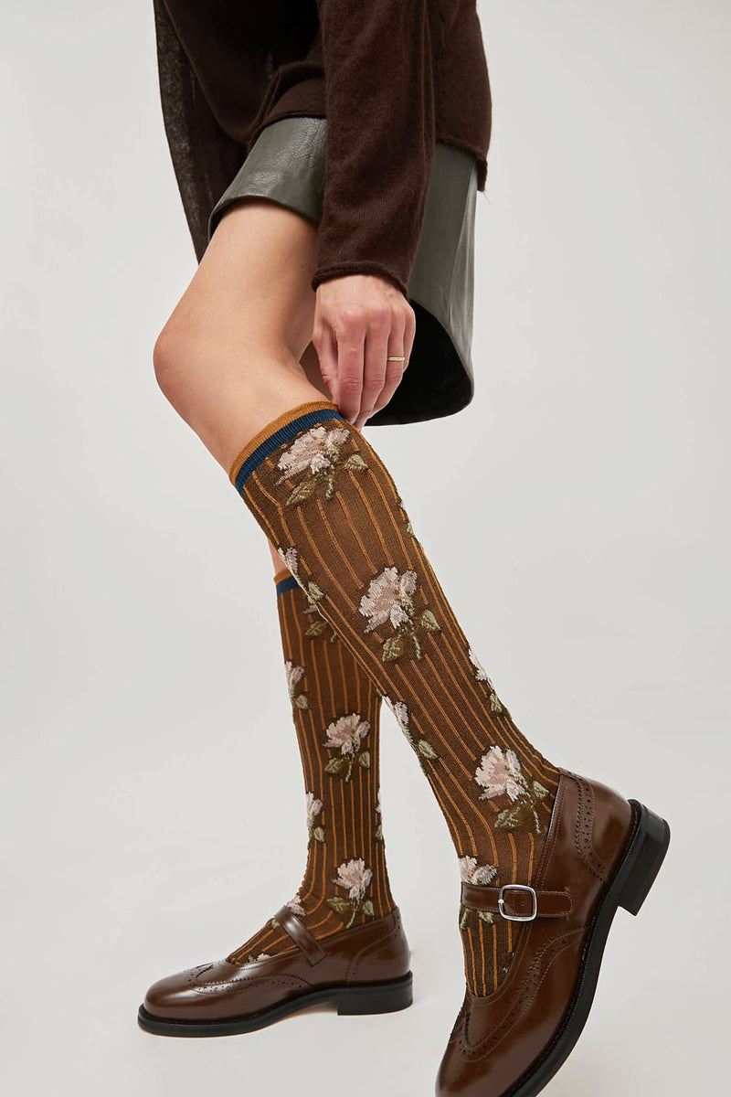 Exquisite J Tall Flower Socks in Cream Flowers