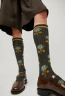 Exquisite J Tall Flower Socks in Olive Flowers