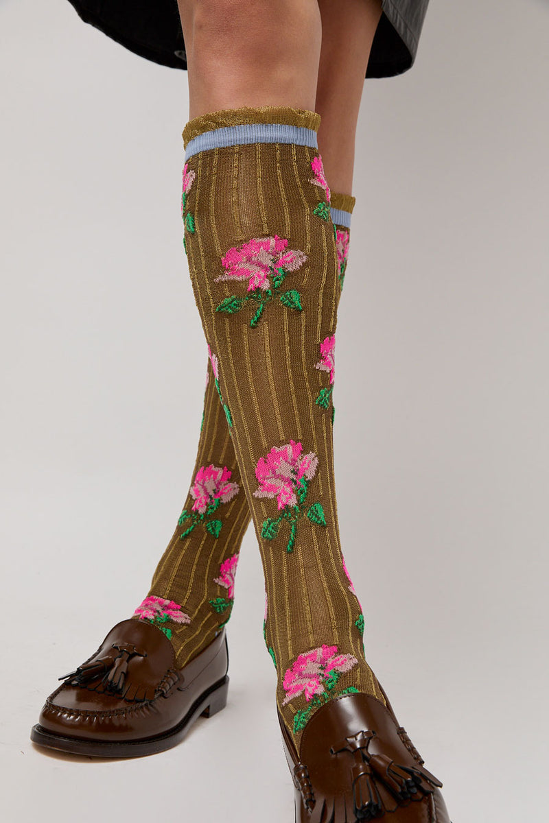 Exquisite J Tall Flower Socks in Pink Flowers