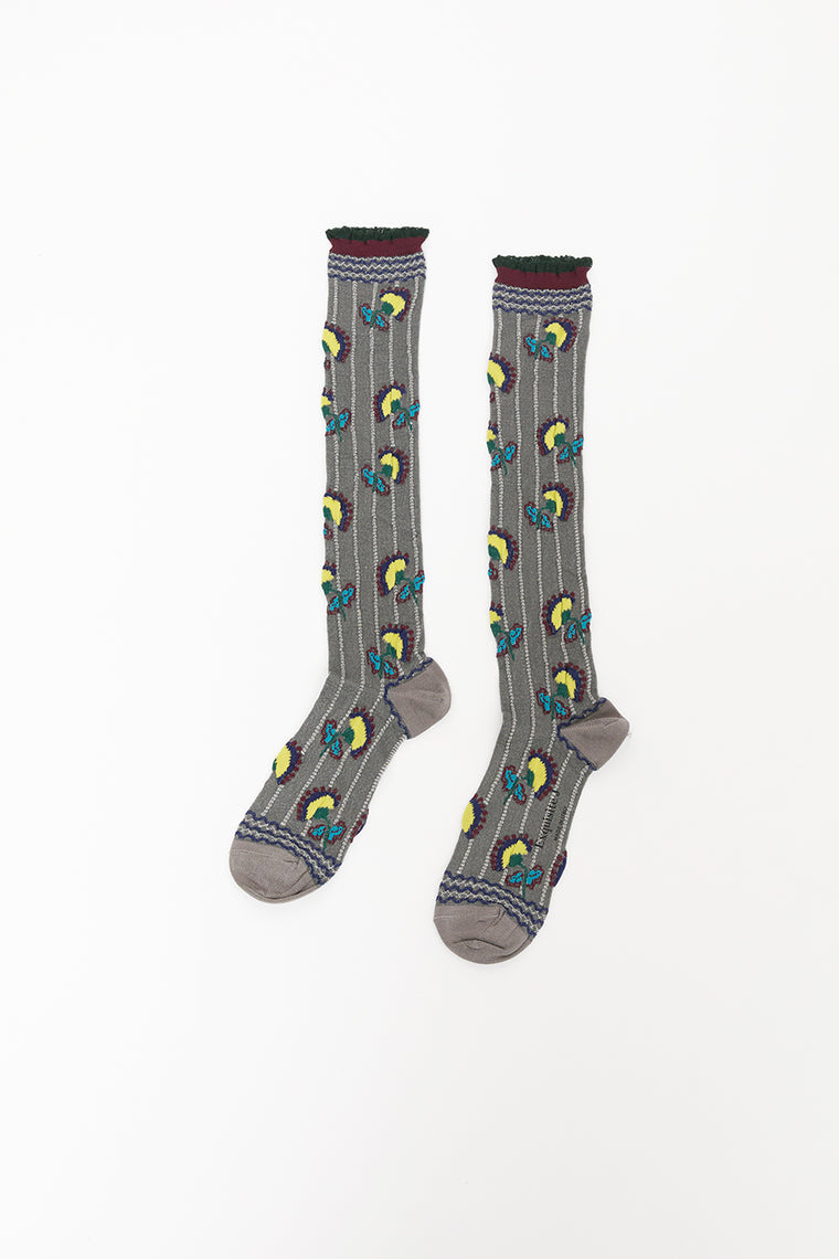Exquisite J Long Carnation Flower Socks in Grey