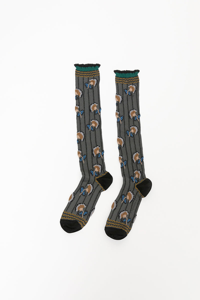 Exquisite J Long Carnation Flower Socks in Charcoal