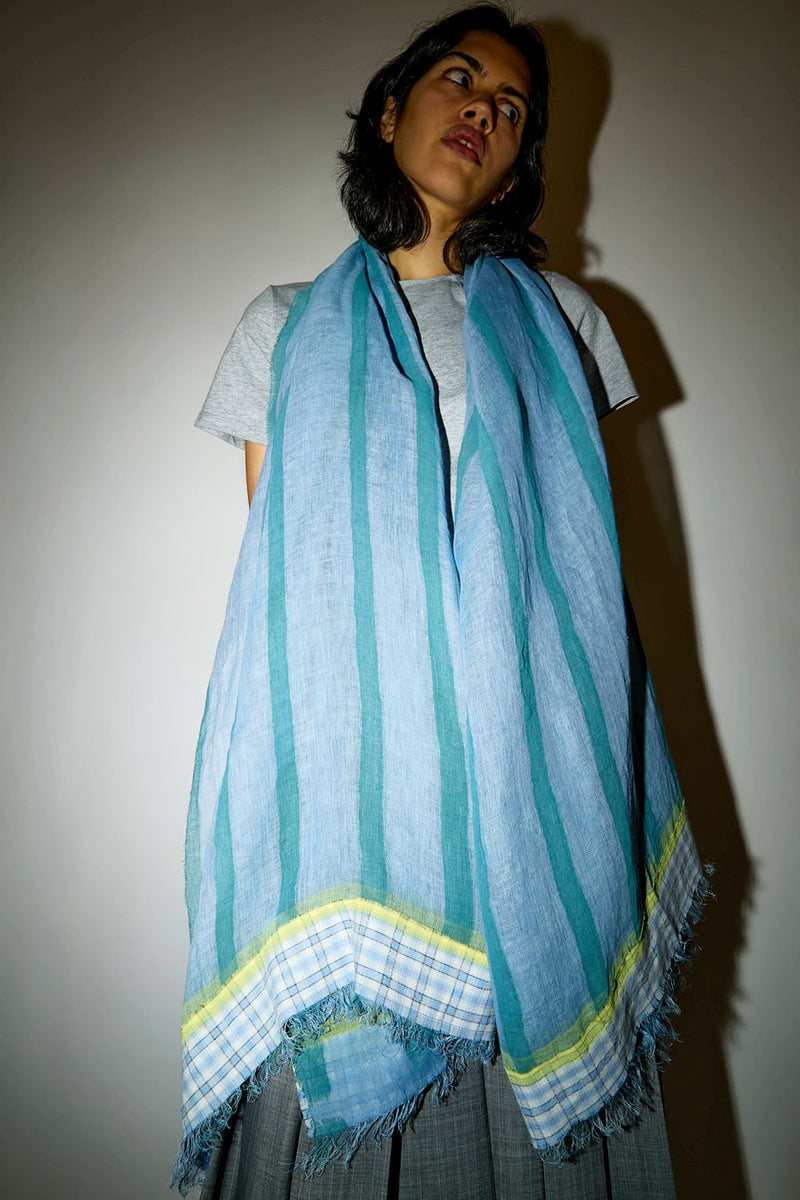 Exqusite J Hand Painted Long Stripes and Plaid Scarf in Blue