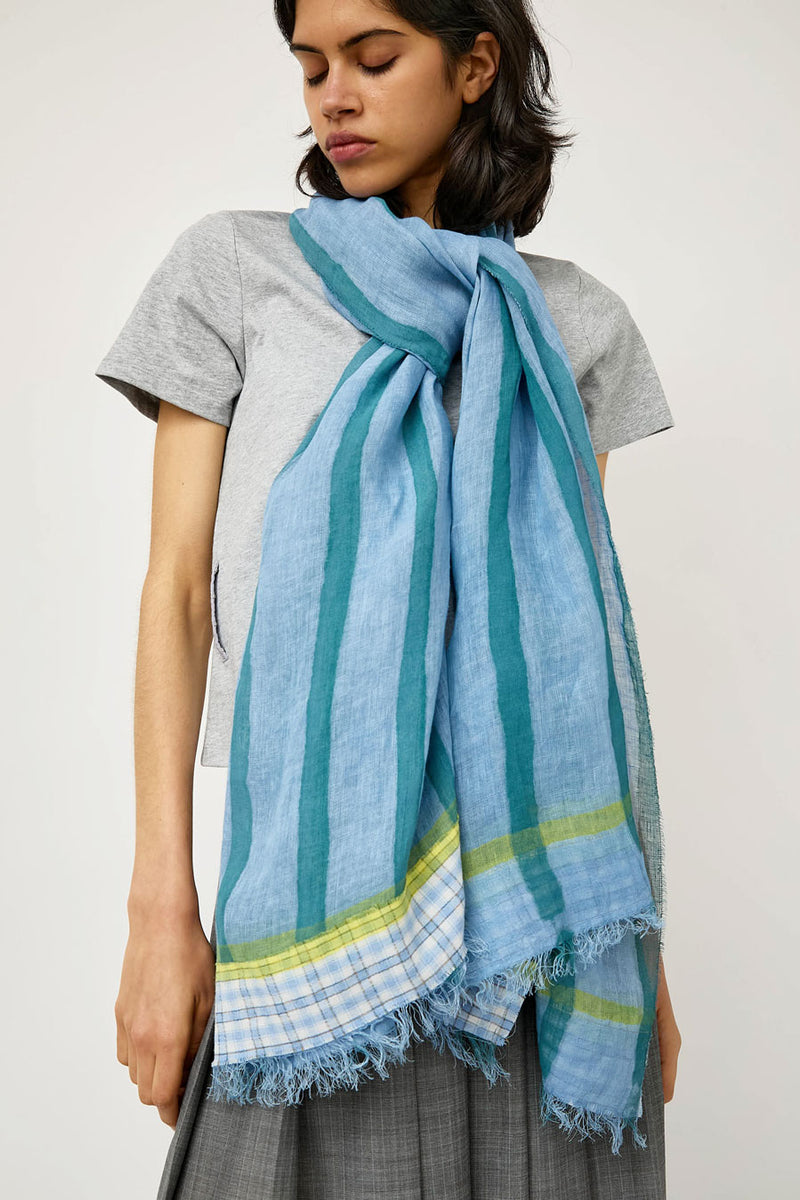 Exqusite J Hand Painted Long Stripes and Plaid Scarf in Blue