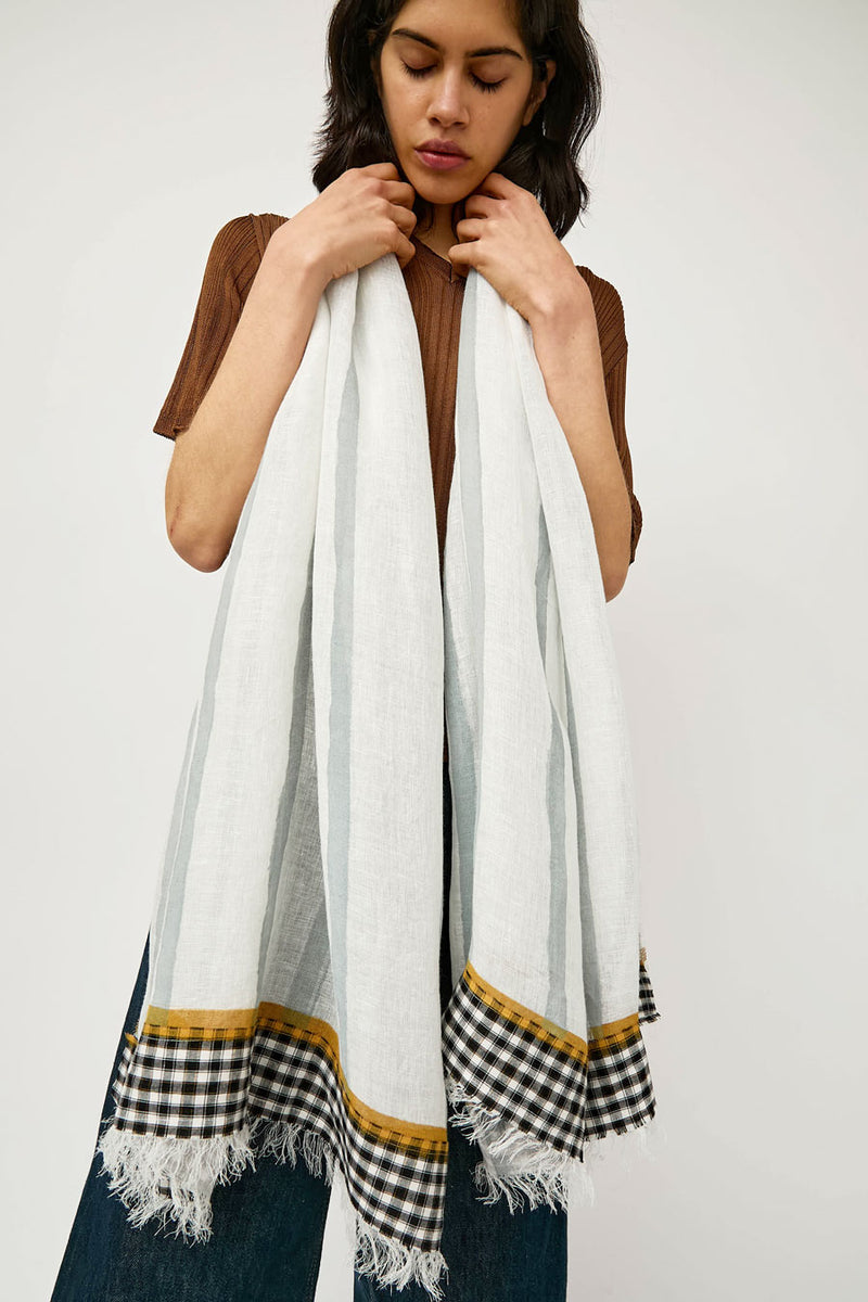 Exqusite J Hand Painted Long Stripes and Plaid Scarf in White