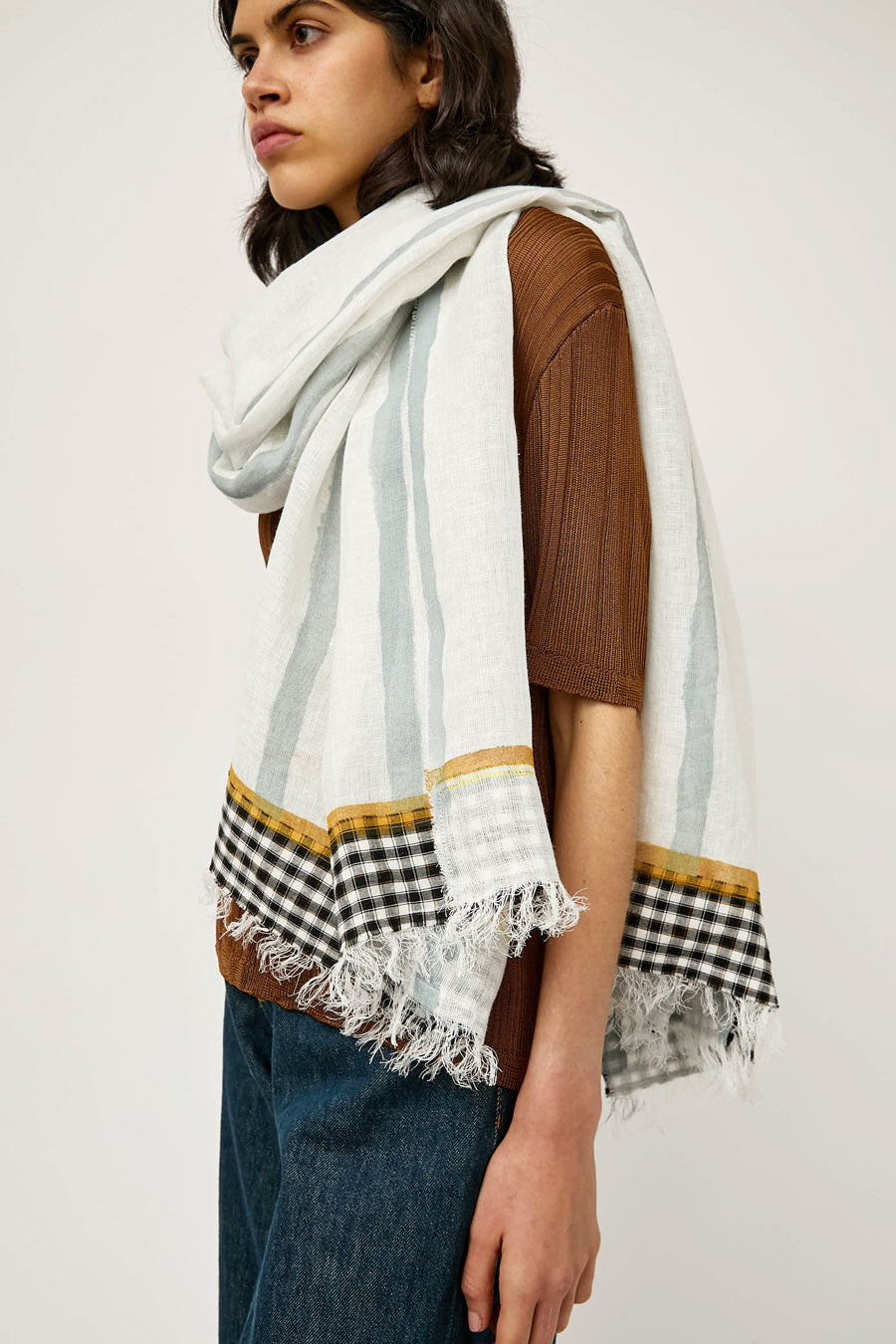 Exqusite J Hand Painted Long Stripes and Plaid Scarf in White
