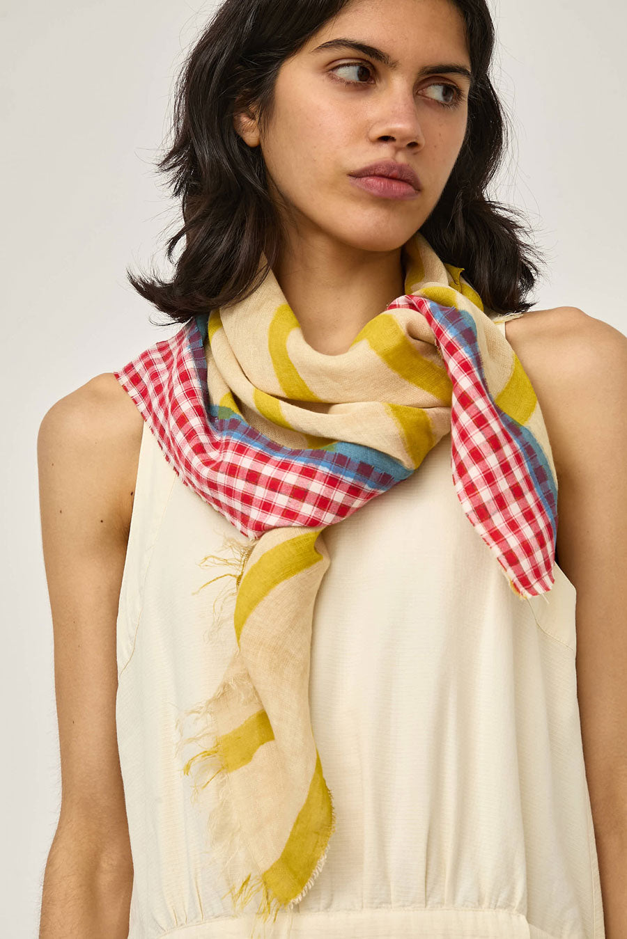 Exqusite J Hand Painted Square Stripes and Plaid Scarf in Yellow