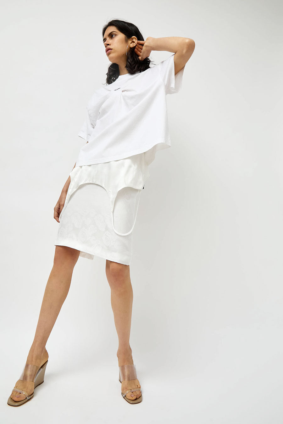 Façon Jacmin Jackie Trompe-l'oeil Dress Skirt in White Flower Rose Jacquard