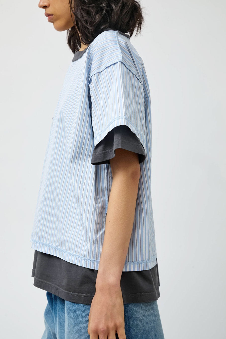 Façon Jacmin Thoai Mirror Double T Shirt in Blue Stripes and Mid Grey
