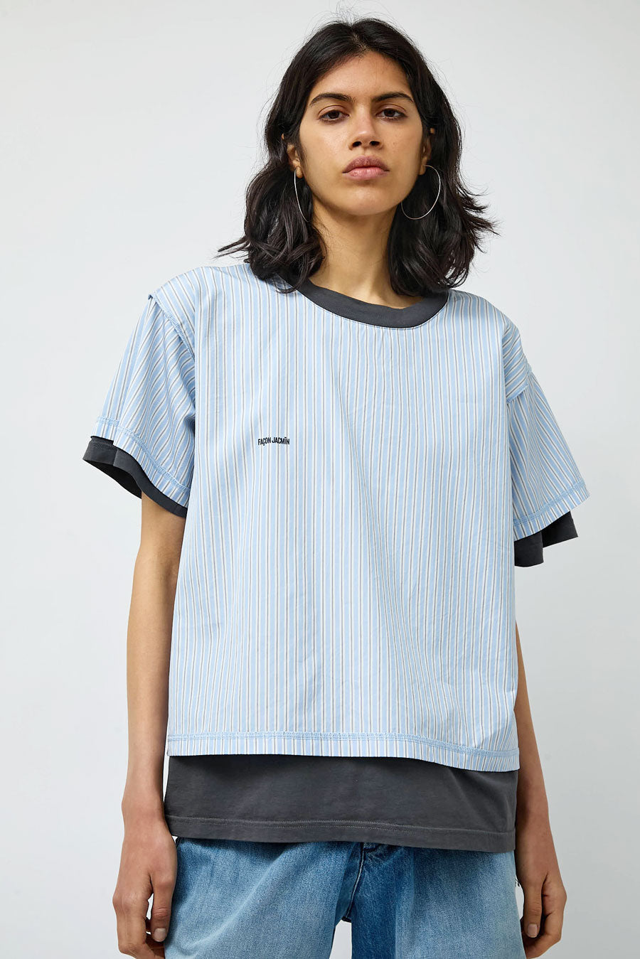 Façon Jacmin Thoai Mirror Double T Shirt in Blue Stripes and Mid Grey