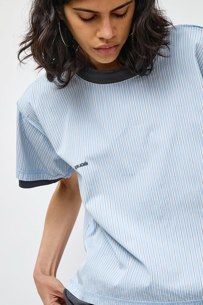 Façon Jacmin Thoai Mirror Double T Shirt in Blue Stripes and Mid Grey