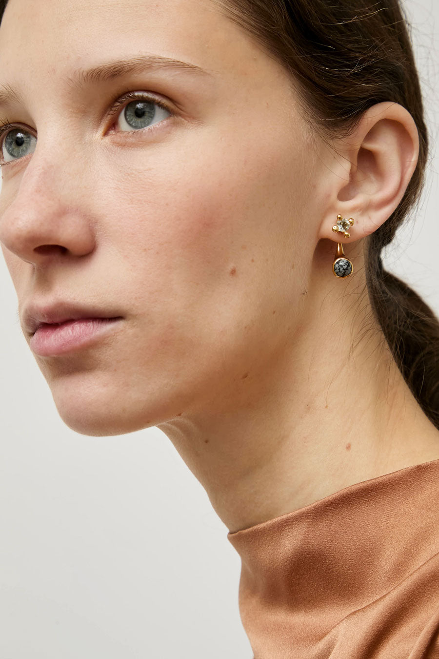 Faris Dotto Gem Stud Set in 14K Gold Plated Bronze / Green Amethyst / Snowflake Obsidian