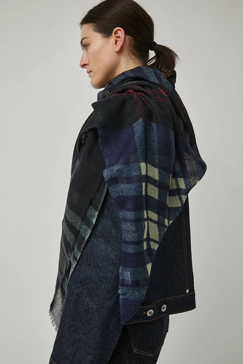 Glen Prince Square Featherweight Wool Scarf in Mix Blue Plaid
