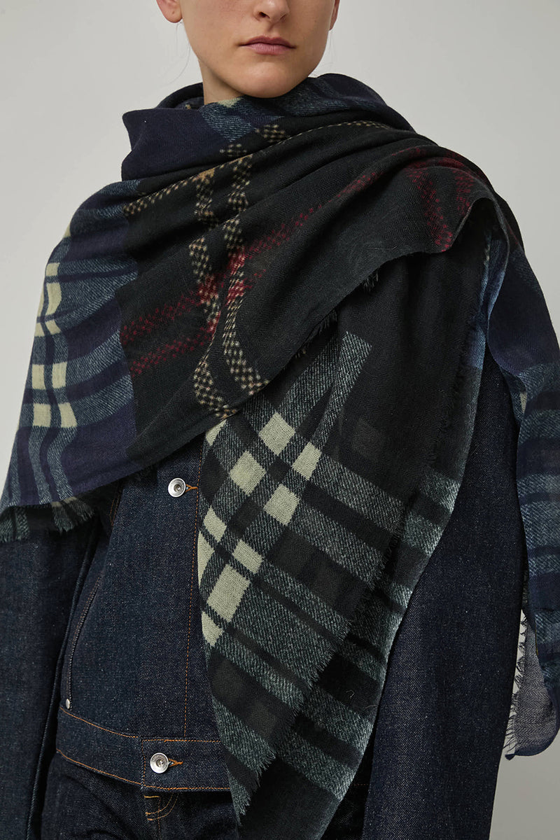 Glen Prince Square Featherweight Wool Scarf in Mix Blue Plaid