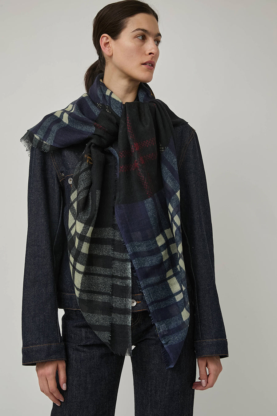 Glen Prince Square Featherweight Wool Scarf in Mix Blue Plaid