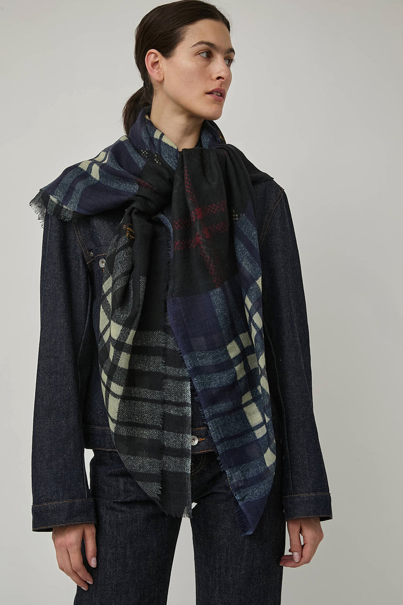 Glen Prince Square Featherweight Wool Scarf in Mix Blue Plaid