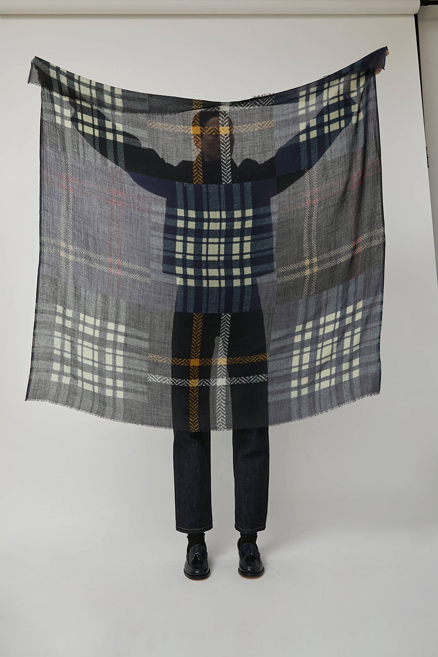 Glen Prince Square Featherweight Wool Scarf in Mix Blue Plaid