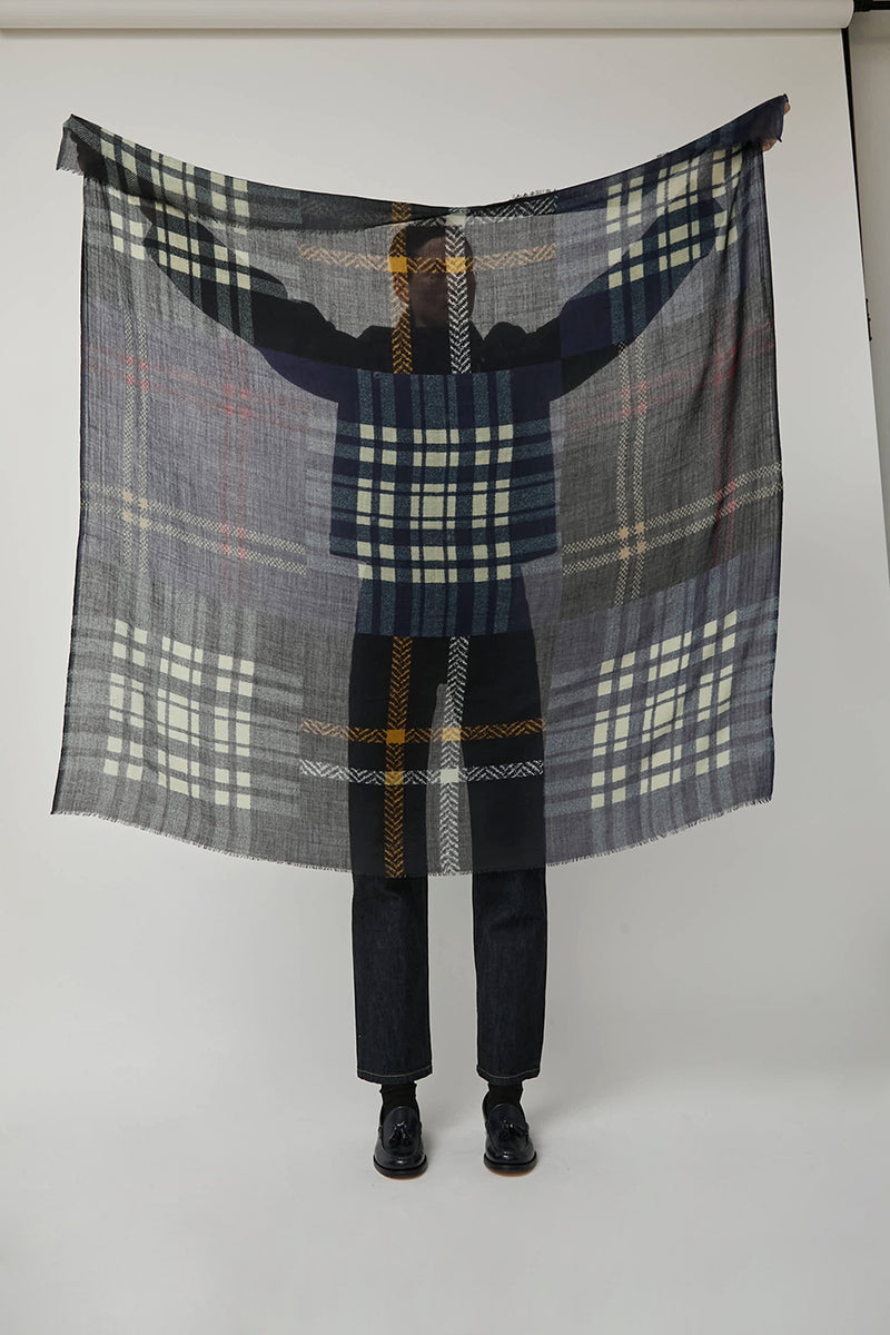 Glen Prince Square Featherweight Wool Scarf in Mix Blue Plaid