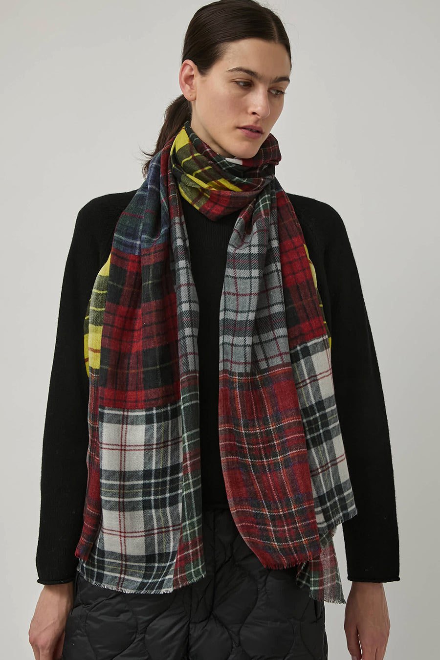 Glen Prince Long Featherweight Wool Scarf in Multi Plaid