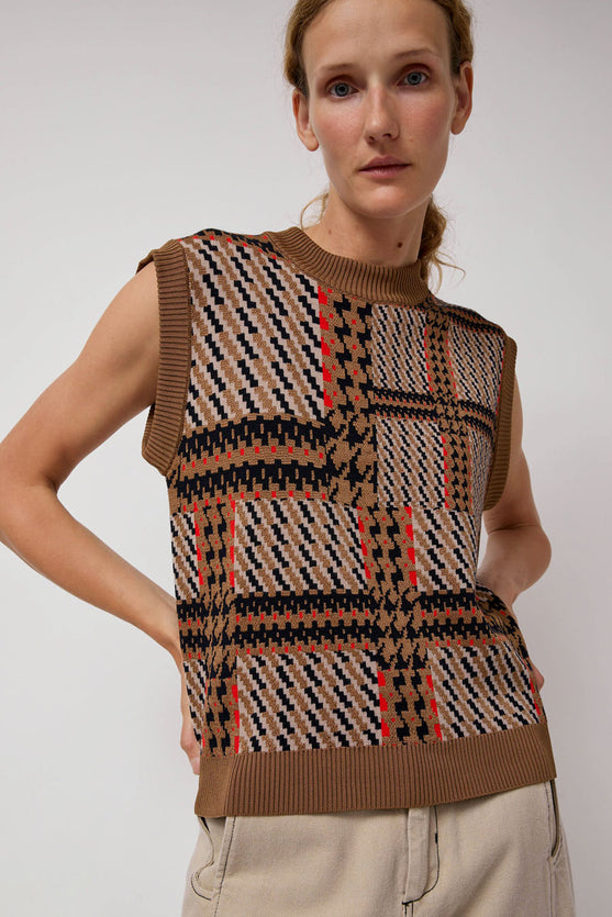 Henrik Vibskov Dust Knitted Vest in Orange Mixed Checks