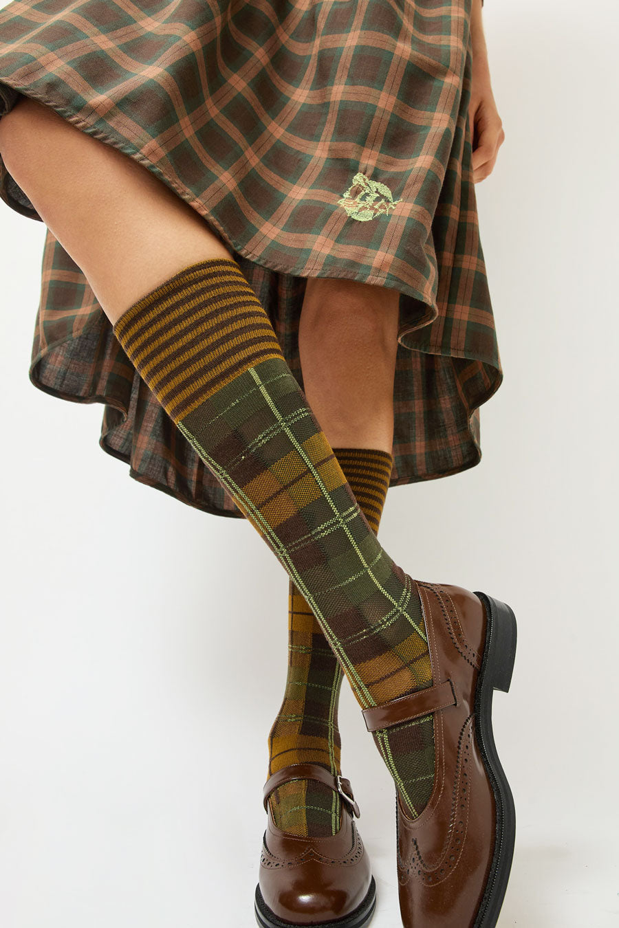 Henrik Vibskov Ribbed Knee Socks Brown Green Dashed Checks