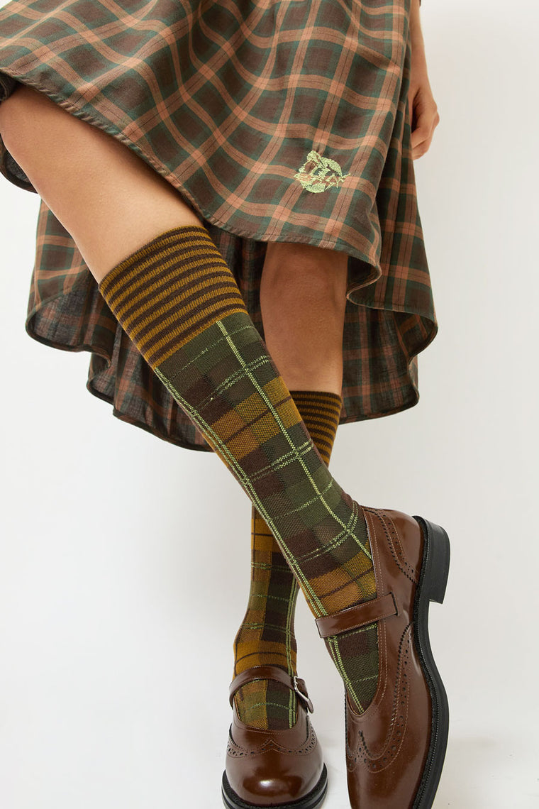 Henrik Vibskov Ribbed Knee Socks Brown Green Dashed Checks