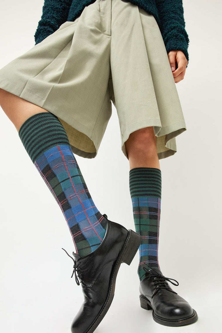 Henrik Vibskov Ribbed Knee Socks in Green Blue Dashed Checks