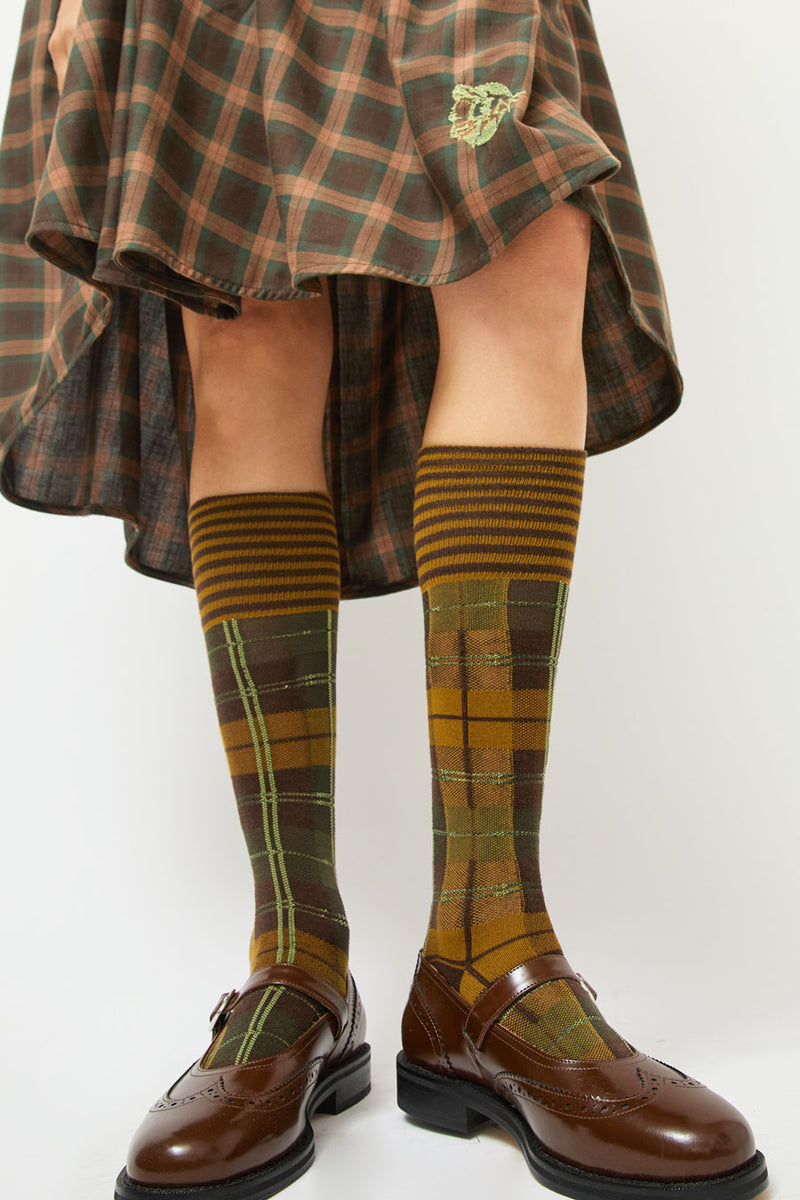 Henrik Vibskov Ribbed Knee Socks Brown Green Dashed Checks