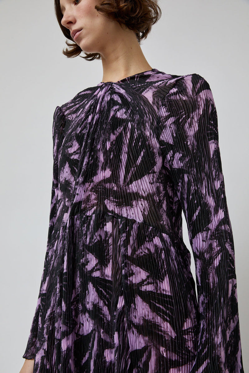 INSHADE Long Sleeve Crimped Chiffon Dress in Lilac and Black Abstract